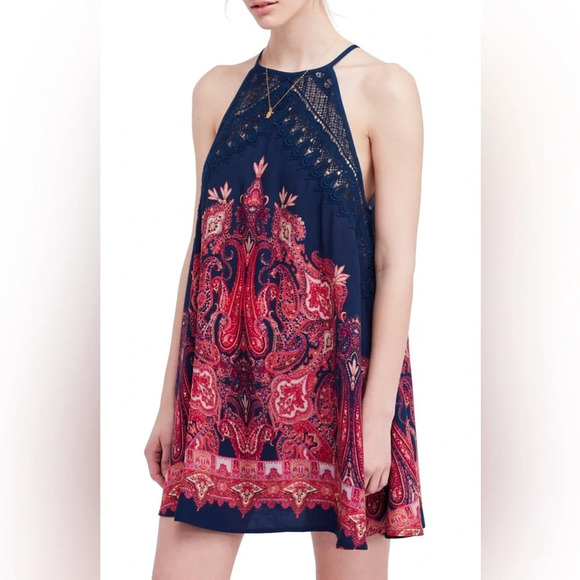 Free People Intimately ‘Shea’ boho printed‎ trapeze dress with crochet detail - Picture 1 of 8